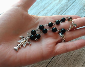 Lilith or Ishtar Prayer Bead Bracelet with Obsidian & Smoky Quartz Beads on Stainless Steel Rosary Links, 8" with Lobster Claw Clasp