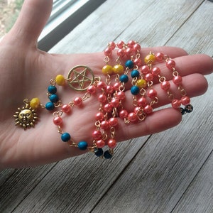 Helios Rosary with Golden Sun, Pentacle, Coral Glass Pearls, Teal Painted Wood Beads, & Yellow Crystal Accents, Hellenic Sun God image 3