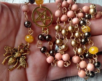 Honeybee Prayer Beads with Pentacle Connector, Bronze Glass Pearls, Peach and Metallic Gold Wood Beads, & Golden Yellow Crystals - Artemis