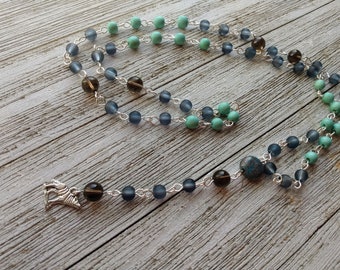 Wolf Spirit Rosary with Howling Wolf Pendant, Dark Blue Sea Glass-Style & Aqua Wood Beads, Blue Sky Jasper Connect, and Smoky Quartz Accents