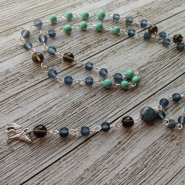 Wolf Spirit Rosary with Howling Wolf Pendant, Dark Blue Sea Glass-Style & Aqua Wood Beads, Blue Sky Jasper Connect, and Smoky Quartz Accents