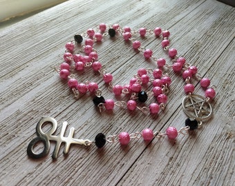 Satanic Rosary with Leviathan Cross, Inverted Silver Pentacle, Hot Pink Rustic Glass Pearls, & Faceted Black Crystals, Goth Prayer Beads