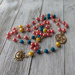 Helios Rosary with Golden Sun, Pentacle, Coral Glass Pearls, Teal Painted Wood Beads, & Yellow Crystal Accents, Hellenic Sun God image 5