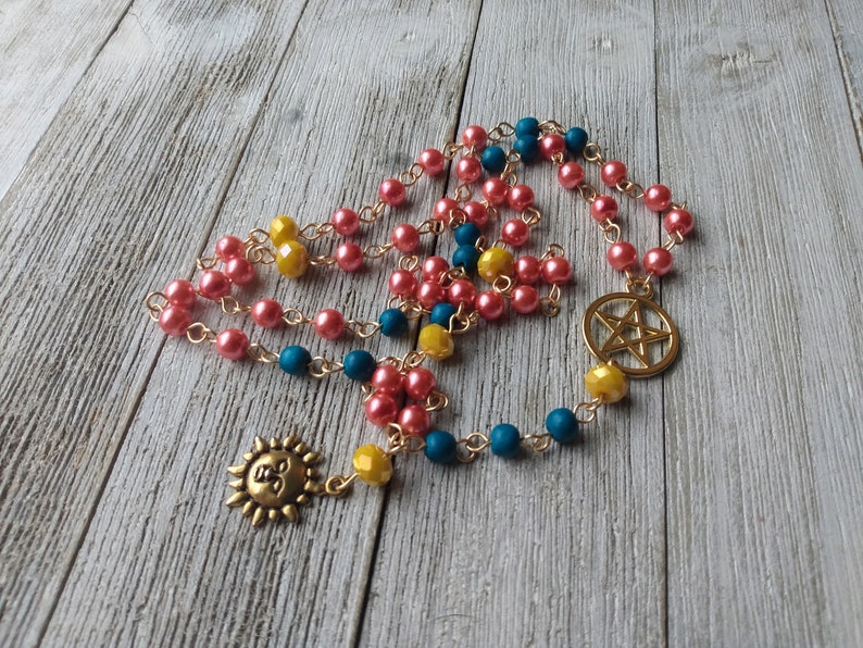 Helios Rosary with Golden Sun, Pentacle, Coral Glass Pearls, Teal Painted Wood Beads, & Yellow Crystal Accents, Hellenic Sun God image 5
