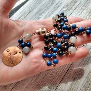 Odin Rosary with Hand-Stamped Copper Pendant, Skull, Gray Moonstone, Black Glass Pearls, & Navy Blue Painted Wood Beads, Norse Prayer Beads