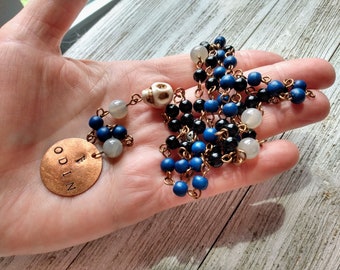 Odin Rosary with Hand-Stamped Copper Pendant, Skull, Gray Moonstone, Black Glass Pearls, & Navy Blue Painted Wood Beads, Norse Prayer Beads