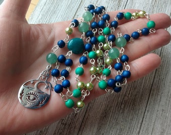 Circe Rosary with Teal Glass Heart, Potion Bottle Pendant, Silver Green Glass Pearls, Navy and Grass Green Wood Beads, & Aventurine