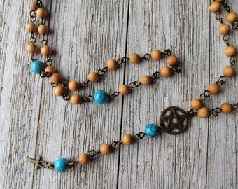 Kemetic Witch Rosary with Ankh, Pentacle Connector, Cedarwood Beads, and Blue Howlite - Witches Rosary, Egyptian Witch