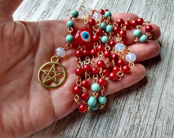 Evil Eye Rosary with Gold Pentacle, Red Glass Nazar Heart, Red Glass Pearls, Aqua Painted Wood Beads, & Opalite Crystals - Witch Jewelry