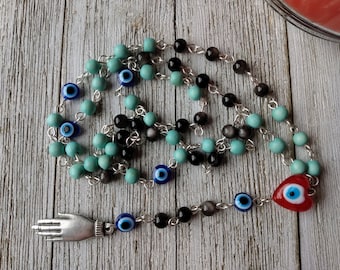 Evil Eye Rosary with Victorian Hand Charm, Silver Sheen Obsidian, & Aqua Wooden Beads - Witches Prayer Beads, Seance Prayer Beads