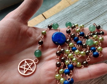 Wiccan Rosary with Rose Gold Pentacle, Lapis Coin Connector, Bronze and Silver Green Glass Pearls, Navy Painted Wood Beads, & Aventurine