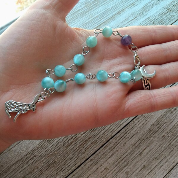 Ostara Prayer Bead Bracelet with Green Moonstone & Amethyst Beads on Stainless Steel Rosary Links, 8" with Lobster Claw Clasp