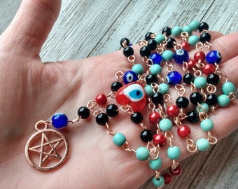 Evil Eye Rosary with Rose Gold Pentacle, Red Glass Nazar Heart, Black and Red Glass Pearls, Aqua Painted Wood Beads, & Blue Evil Eye Beads