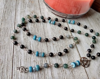Athena Rosary with Pewter Owl, Pentacle,  Ebony and Matte Moss Agate, & Denim Wood/Gray Crystal Accents - Pagan Prayer Beads, Goddess Beads