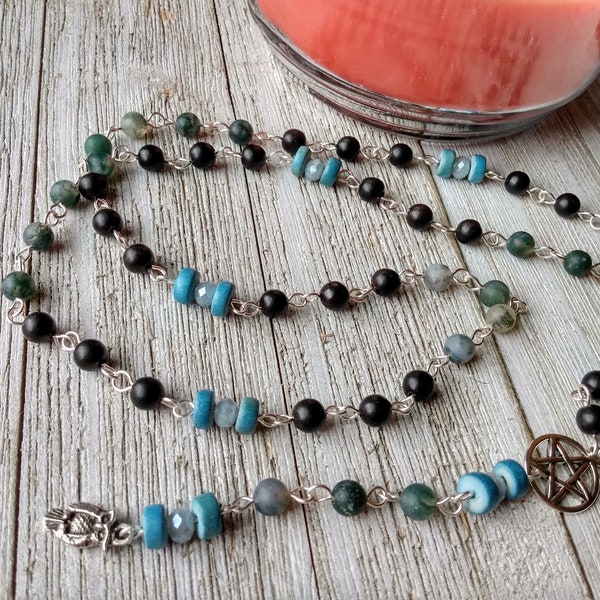 Athena Rosary with Pewter Owl, Pentacle,  Ebony and Matte Moss Agate, & Denim Wood/Gray Crystal Accents - Pagan Prayer Beads, Goddess Beads