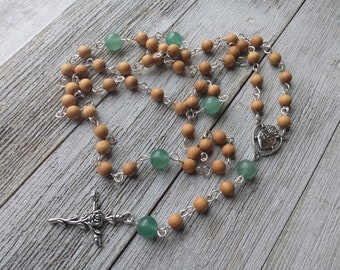 Christian Rosary with Rose Cross, Sacred Heart Connector, Cedarwood Beads, and Green Aventurine