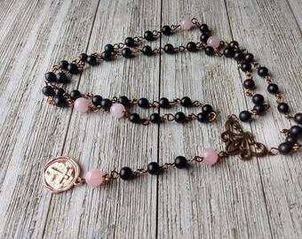 Christian Rosary with Wax Stamp-Style Cross, Art Deco Connector, Ebony Wood Beads, & Rose Quartz -  Witch Rosary, Gift for Her, Mother's Day