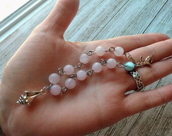 Aphrodite or Venus Prayer Bead Bracelet with Rose Quartz &Green Moonstone Beads on Stainless Steel Rosary Links, 8" with Lobster Claw Clasp