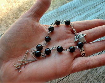 Lucifer Prayer Bead Bracelet with Garnet & Gray Moonstone Beads on Stainless Steel Rosary Links, 8" with Lobster Claw Clasp