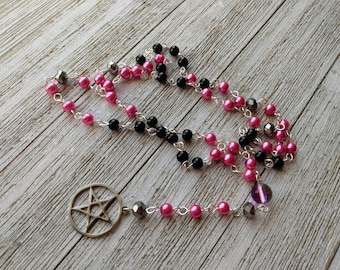 Satanic Rosary with Inverted Pentagram, Pink Rainbow Connector, Hot Pink and Black Glass Pearls, and Metallic Silver Crystal Accents