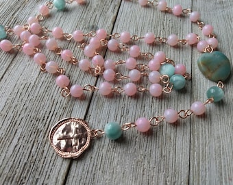 Christian Rosary with Wax Stamp Rose Gold Cross, Amazonte Heart Connector, Rose Quartz-Look Glass Beads, & Green Moonstone Accents