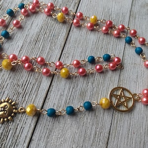 Helios Rosary with Golden Sun, Pentacle, Coral Glass Pearls, Teal Painted Wood Beads, & Yellow Crystal Accents, Hellenic Sun God image 4