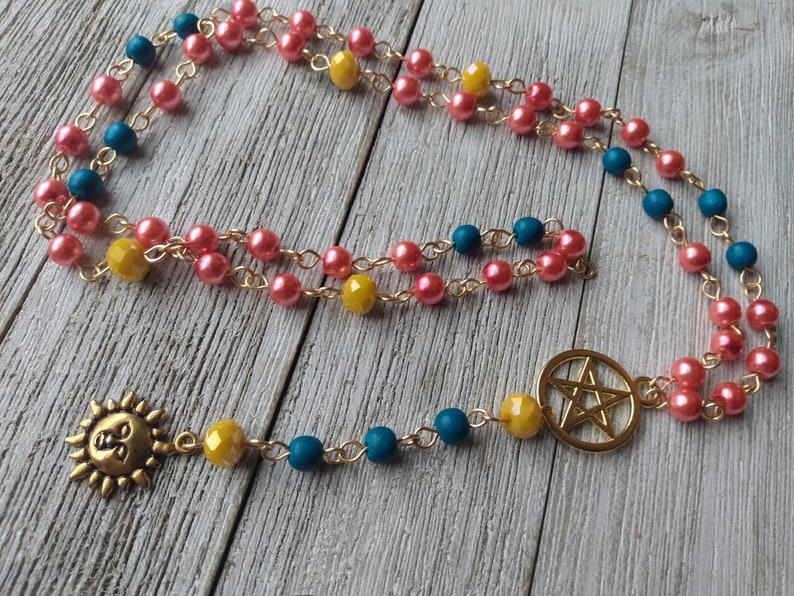 Helios Rosary with Golden Sun, Pentacle, Coral Glass Pearls, Teal Painted Wood Beads, & Yellow Crystal Accents, Hellenic Sun God image 4