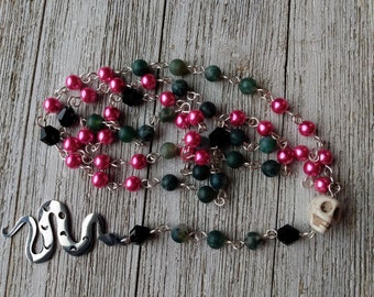 Loki Rosary with Moon Phase Serpent, Skull, Matte Moss Agate, Hot Pink Glass Pearls, and Black Crystal Accents - Pagan Prayer Beads