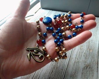 Horus Rosary with Lapis, Carnelian, Royal Blue Glass Pearls, and Metallic Gold Painted Wood Beads - Egyptian Pagan Prayer Beads, egyptcore