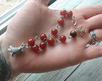 Lugh Prayer Bead Bracelet with Carnelian and Tiger Eye on Stainless Steel Rosary Links, 8" with Lobster Claw Clasp