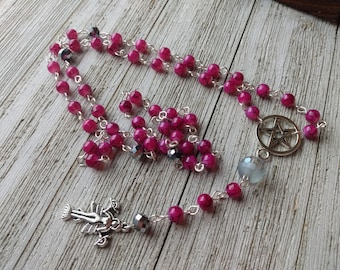 Lilith or Ishtar Rosary with Inverted Pentagram Connector, Hot Pink Glass Marble Beads, , and Metallic Silver Crystal & Mirror Ball Accents