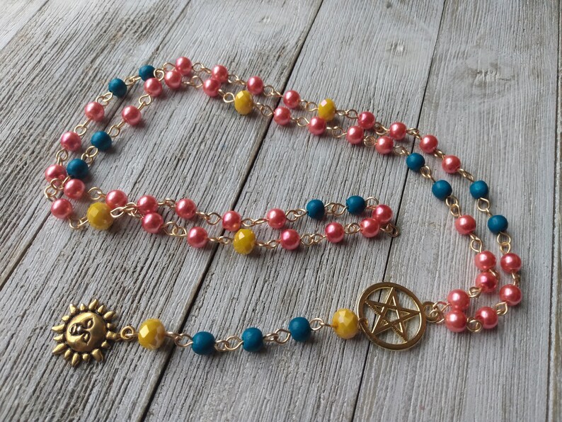 Helios Rosary with Golden Sun, Pentacle, Coral Glass Pearls, Teal Painted Wood Beads, & Yellow Crystal Accents, Hellenic Sun God image 7