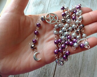 Silver Moon Rosary with Pentacle Connector, Purple and Silver Glass Pearls, & Metallic Silver Crystal Accents, Lunar Prayer Beads