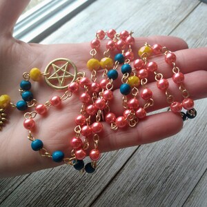 Helios Rosary with Golden Sun, Pentacle, Coral Glass Pearls, Teal Painted Wood Beads, & Yellow Crystal Accents, Hellenic Sun God image 2