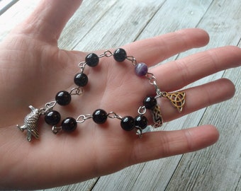 Morrigan Prayer Bead Bracelet with Dark Garnet & Amethyst Beads on Stainless Steel Rosary Links, 8" with Lobster Claw Clasp