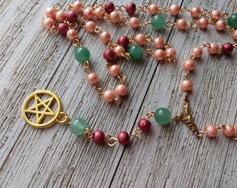 Gold Pentacle with Green Aventurine, Art Deco Connector, & Peach and Wine Red Rustic Glass Pearls, Witchy Necklace, Witches Rosary