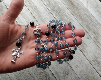 Lilith or Ishtar Rosary with Skull, Dark Blue Crackle Glass Beads, & Obsidian Accents, Dark Goddess Rosary, Pagan Prayer Beads