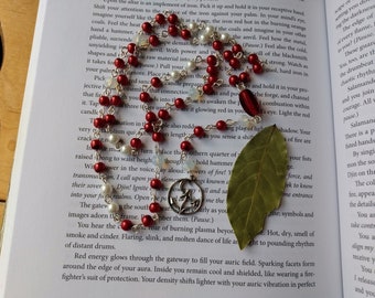 Amanita Moon Rosary with Mushroom Crescent Moon Pendant, Red and White Glass Pearls, & Opalite Crystals, Forest Witch Prayer Beads