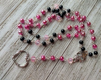 Barbed Wire Heart Rosary with Floral Skull, Black Glass Pearl and Metallic Silver and Hot Pink Glass Beads, & Pink Opalite Crystal Accents