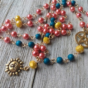 Helios Rosary with Golden Sun, Pentacle, Coral Glass Pearls, Teal Painted Wood Beads, & Yellow Crystal Accents, Hellenic Sun God image 1