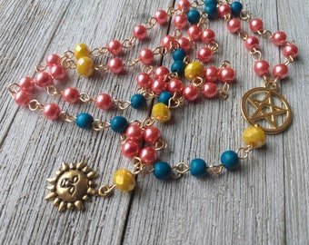 Helios Rosary with Golden Sun, Pentacle, Coral Glass Pearls, Teal Painted Wood Beads, & Yellow Crystal Accents, Hellenic Sun God
