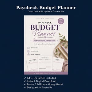Könnte beinhalten: Ein digitaler Paycheck Budget Planner mit dem Titel in großer, lila Schrift. Das Cover enthält den Text "For Overwhelmed Brains" und "Simple system. One paycheck at a time." Der Planer umfasst 26 Seiten und wurde in Australien entworfen.
