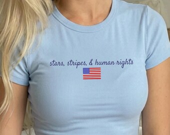 Chemise rayures étoiles et droits de l'homme, t-shirt bébé féministe, t-shirt droits de l'homme, t-shirt bébé politique, chemise militante, t-shirt bébé côtelé