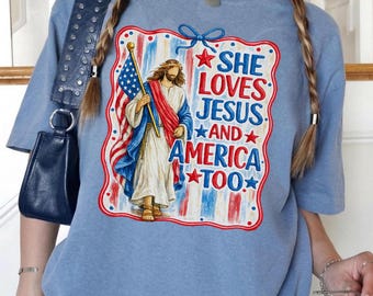 Chemise Elle aime Jésus et l'Amérique, t-shirt patriotique chrétien, chemise Jésus drapeau américain, t-shirt foi et liberté, chemise Jésus 4 juillet