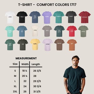 The image is a collage of various t-shirt designs in different colors, along with a man standing next to the designs. The collage includes a table with size and width measurements for the t-shirts, and the man is posing in front of the table.