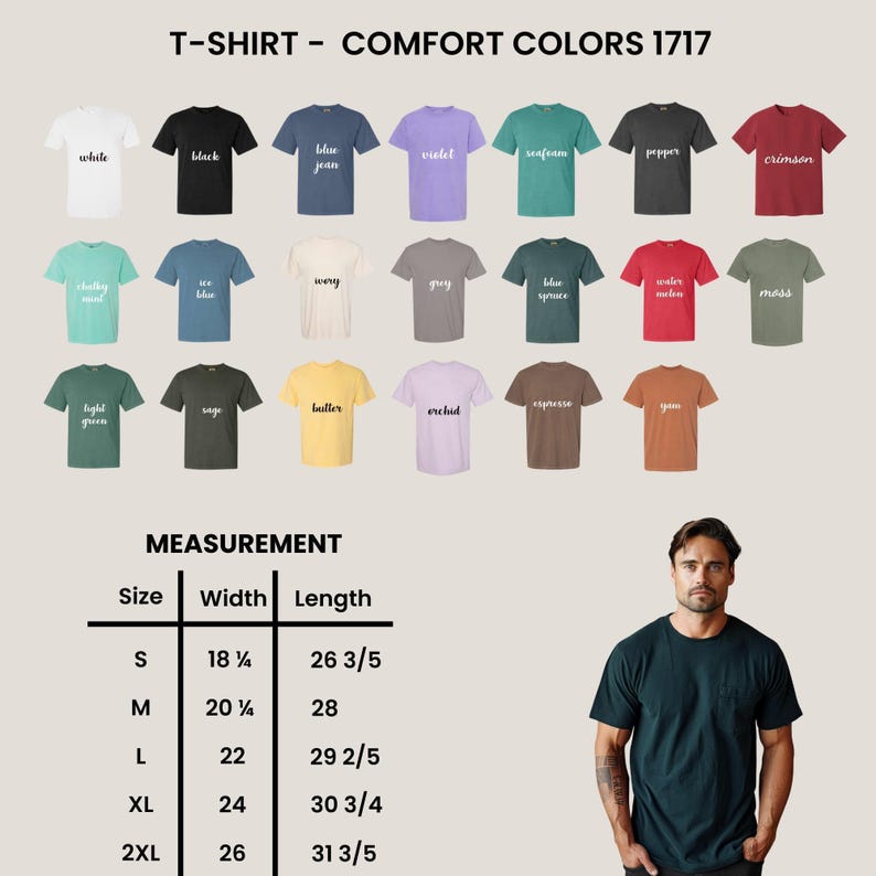 The image is a collage of various t-shirt designs in different colors, along with a man standing next to the designs. The collage includes a table with size and width measurements for the t-shirts, and the man is posing in front of the table.