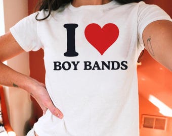 T-shirt graphique I Love Boys Band blanc, cadeau pour les fans de musique rétro, t-shirt de concert mignon
