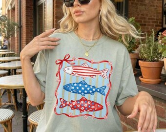 Comfort Colors® Patriotic Fish Shirt, 4th of July Tee, Cute America Shirt, Lake Day July 4th, Fishing Gift, Stars Stripes Tee, Summer Tee