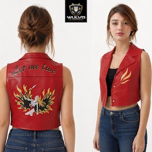 Claire Redfield Vest, Code Veronica Cosplay, Red Faux Leather Waistcoat, Let Me Live Flame Back Patch, Handmade Halloween Costume