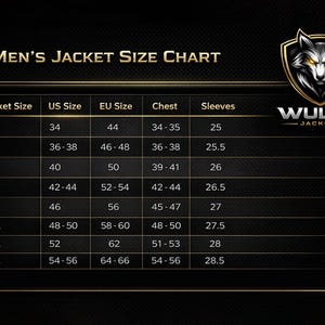 May include: A black and gold jacket size chart titled Jacket Size Chart with a wolf logo and the text WULVO JACKETS. The table lists sizes from XS to 4XL, including US size, EU size, chest measurements in inches, and sleeve lengths in inches.